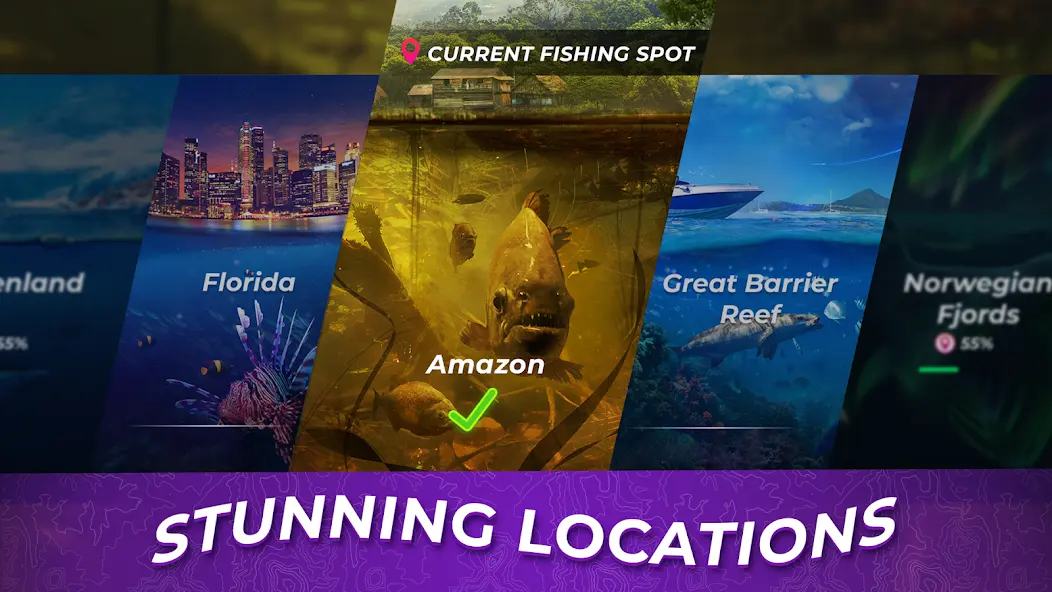 Auswahlkarte mit Reisezielen wie Florida und dem Amazonas in Fishing Rival